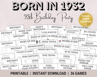 93rd Birthday Party Games: 1932 Trivia, Activities (Instant Download)
