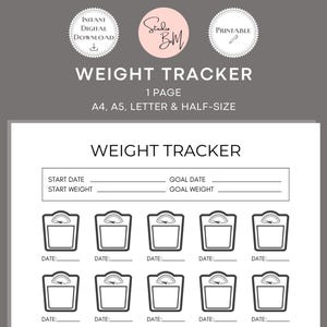 May include: Printable weight tracker with a black and white design. The tracker includes a section for start and goal dates and weights, as well as 10 spaces to record weight measurements. The text "WEIGHT TRACKER" appears at the top of the page.
