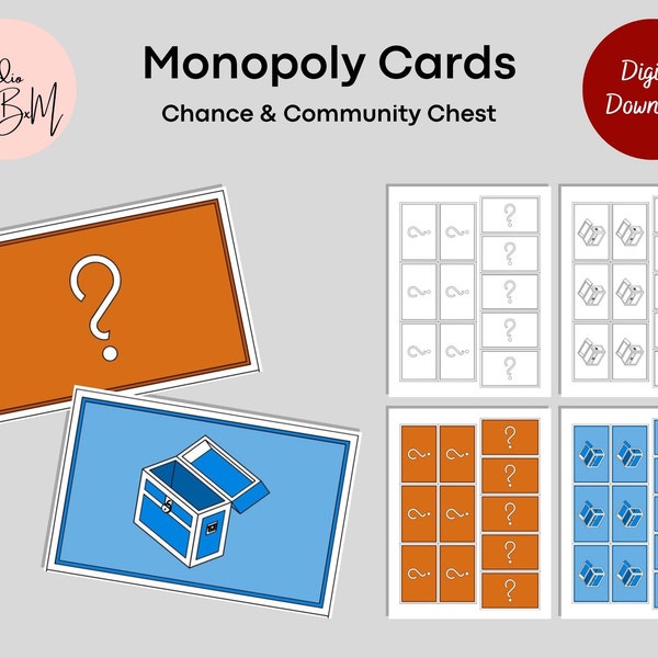 Monopoly Cards, Chance and Community Chest, Custom Monopoly Game, Printable Digital Download