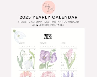 2025 Botanical Wall Calendar | One Page Year at a Glance | Floral Design | Printable Wall Art | Instant Download