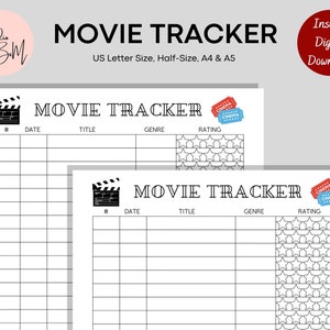 Movie Tracker imprimible / Plantilla de lista de películas / Serie mínima para ver / Lista de películas para ver / Diario de películas /A4 /A5 / Carta / Media letra
