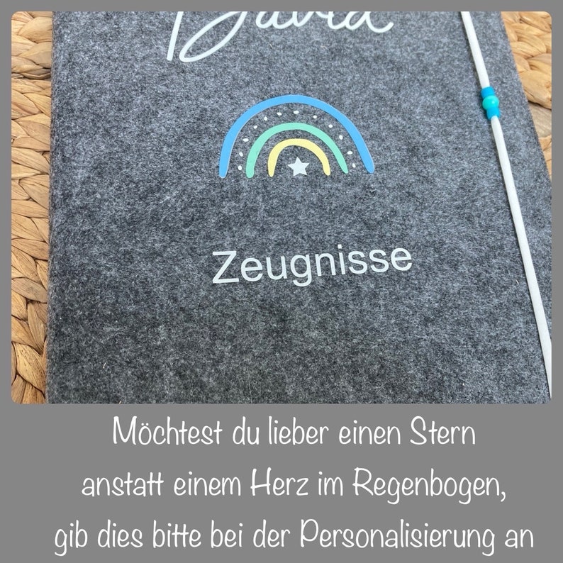 Zeugnishülle, Zeugnismappe A4 Filz personalisiert Design Regenbogen Bild 8