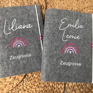 Zeugnishülle, Zeugnismappe A4 Filz personalisiert Design Regenbogen Pink/Rosa/Flieder