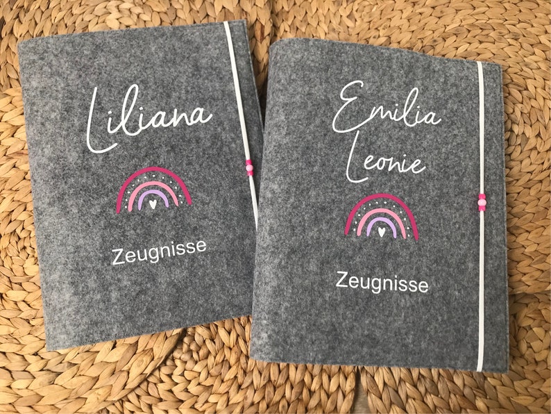 Zeugnishülle, Zeugnismappe A4 Filz personalisiert Design Regenbogen Pink/Rosa/Flieder