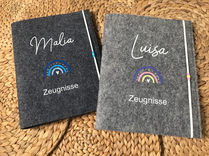 Zeugnishülle, Zeugnismappe A4 Filz personalisiert Design Regenbogen Violet/Rosa/Gelb