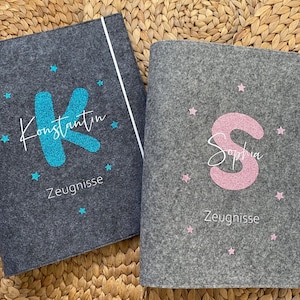 Zeugnishülle, Zeugnismappe A4 Filz personalisiert Design Glitzer Initial