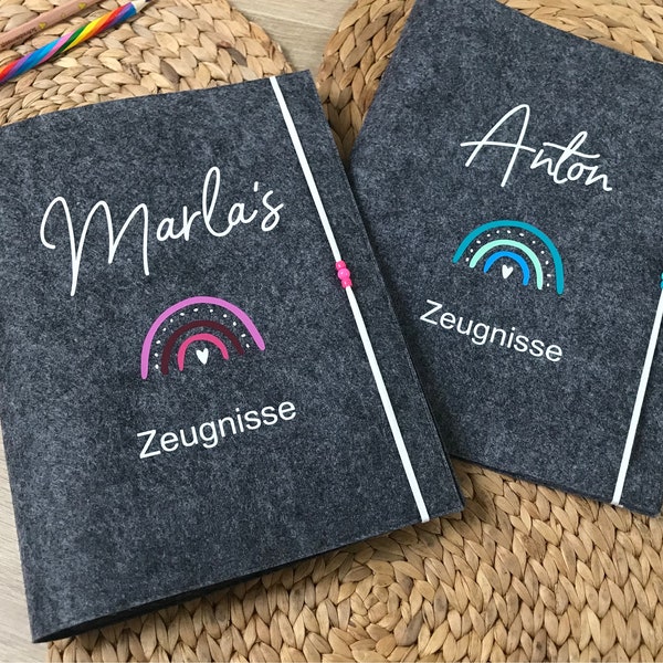 Zeugnishülle, Zeugnismappe A4 Filz personalisiert Design Regenbogen