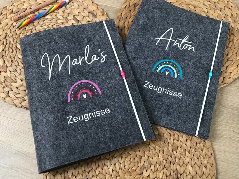 Zeugnishülle, Zeugnismappe A4 Filz personalisiert Design Regenbogen Bild 1