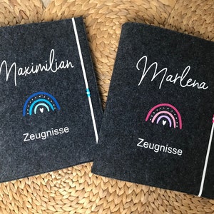 Zeugnishülle, Zeugnismappe A4 Filz personalisiert Design Regenbogen Navy/Blau/Babyblau