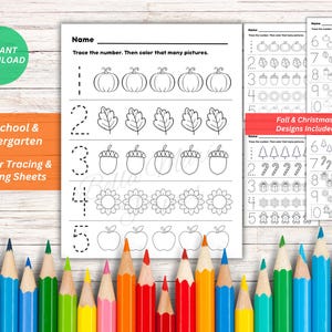 May include: A set of educational worksheets for preschool and kindergarten featuring number tracing and colouring activities. The pages include black and white line drawings of pumpkins, leaves, acorns, flowers, apples, trees, and holiday icons.