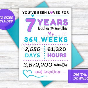 Carte du 7e anniversaire, carte d'anniversaire imprimable du 7e anniversaire, vous avez été aimé pendant 7 ans, carte d'anniversaire pour enfants, carte de voeux bricolage