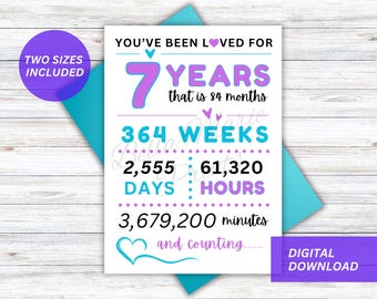 May include: A printable card with a purple heart and the text "You've been loved for 7 years that is 84 months 364 weeks 2,555 days 61,320 hours 3,679,200 minutes and counting..." with a blue heart and the text "Digital Download" in a purple box.