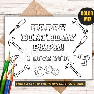 Cartão de aniversário do papai para imprimir, cartão do papai para as crianças colorirem, cartão de felicitações para colorir para o papai