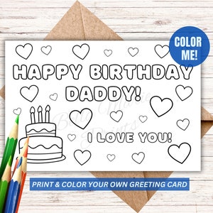 Cartão de colorir de aniversário do pai, cartão de pai para impressão de crianças, cartão de aniversário do papai, cartão de felicitações para colorir, cartão de felicitações faça você mesmo