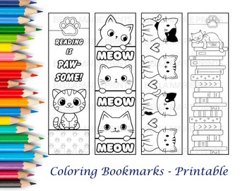 Marcapáginas para colorear, marcadores de gatos imprimibles, descarga instantánea