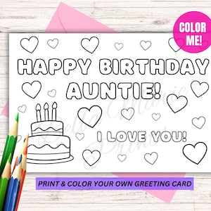 Cartão de aniversário para colorir da tia, cartão da tia da sobrinha/sobrinho, cartão de aniversário para imprimir da tia, cartão de felicitações para colorir, cartão de felicitações faça você mesmo