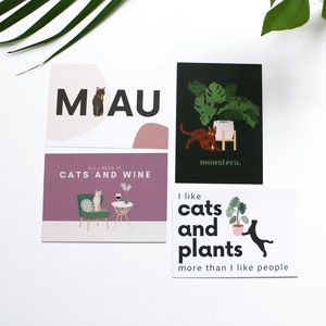 Ensemble de cartes postales pour chats B-stock en papier recyclé de haute qualité, cartes de vœux durables pour les amoureux des chats et les amateurs de plantes.