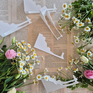 Puede incluir: Modelos arquitectónicos de plástico blanco con bordes decorativos se encuentran en una página de libro vintage, rodeados de margaritas y rosas rosas. La escena sugiere diseño y naturaleza. Los modelos son de plástico.