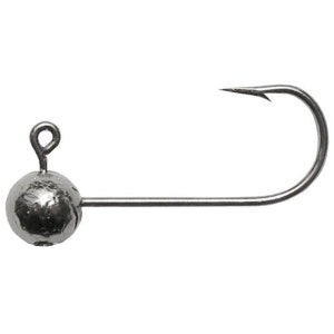 May include: A silver fishing jig with a round weight and a single hook.