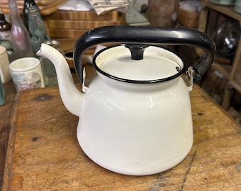Vintage enamel kettle cream black  kitchen prop film