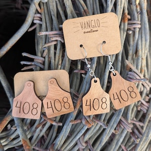 Country Cow Tag Wood Stud and Dangle Earrings * Chicken Earrings* Cow Earrings* Personalized or Custom Cow Tag Earrings