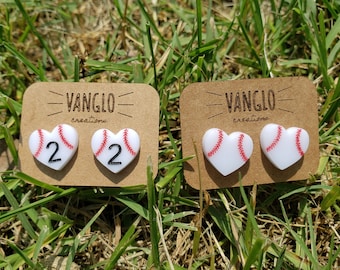 Heart Shaped Personalized Baseball T-ball Stud Earrings * Engraved Baseball Studs* Baseball Mom Stud Earrings * Baseball Number