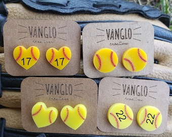 Personalized and Engraved Softball Stud Earrings *Softball Mom or Player Earrings* Heart Shaped or Round Softball Stud Earrings