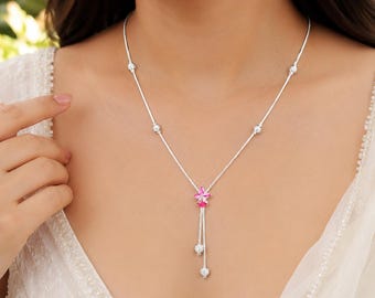 Roze bloemenhangerketting, zilveren kralenketting, ketting met bloemenhanger, delicate zilveren ketting voor vrouwen, cadeau voor haar, handgemaakt J