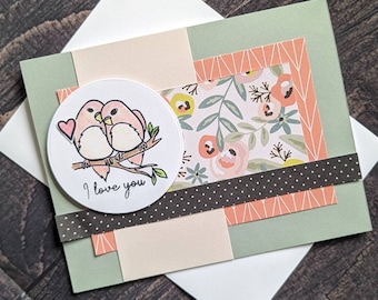 I Love You Card, Love Birds, Valentine's Day Card, Anniversary, Handmade Card, Personalize, Blank