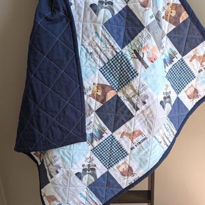 Woodland Animals Baby Quilt – 100% Cotton Whole Cloth Quilt in Blue & Teal – Modern Quilt – Handmade Nursery Blanket - Forest Animals