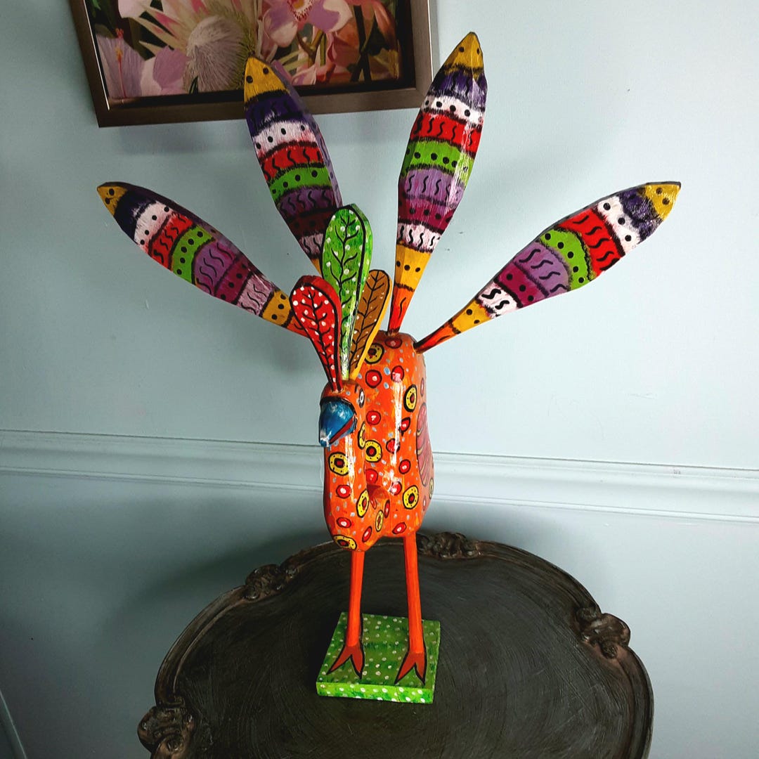 Exquisite Turquoise Peacock Mexican Wood Carving