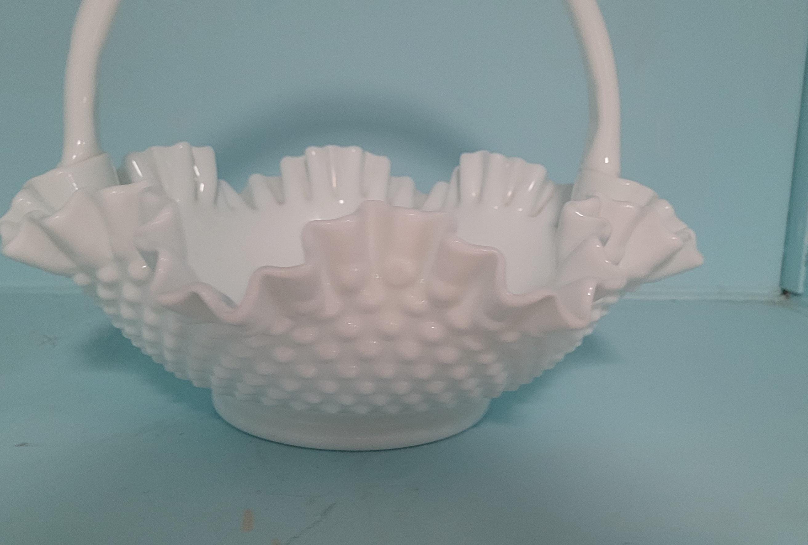 ヴィンテージ フェントン ミルクガラス ホブネイル ラージバスケット