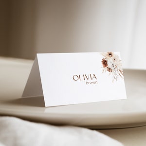 Tarjeta de lugar de hierba de pampas, plantilla de tarjeta de lugar boho, plantilla de tarjetas de lugar de boda modernas, tarjetas de nombre de boda elegantes, boda en el desierto, VALENCIA