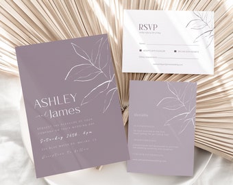 May include: Purple wedding invitation with white calligraphy text and a simple line drawing of leaves. The text reads "Ashley and James request the pleasure of your company on their wedding day, Saturday 26th, 4pm, 225 Blue Water Rd, Malibu, CA. Reception to follow."