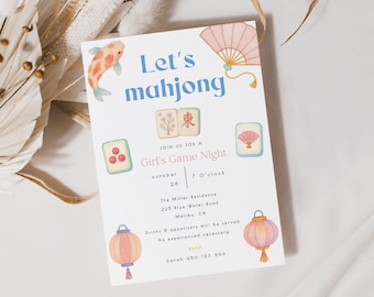 May include: A white invitation card with the text "Let's mahjong" in blue. The card features illustrations of a koi fish, a fan, and lanterns. The text "Girl's Game Night" is also present, along with event details.