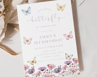 Faire-part d'anniversaire papillon, 1er anniversaire de fille d'invitation, faire-part d'anniversaire papillon, fête de papillon rose violet, invitation de fleur, BIBF1