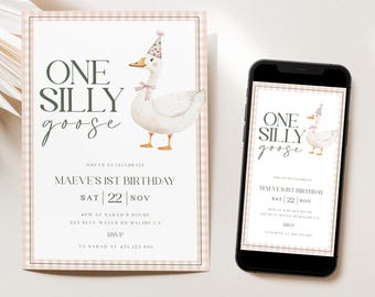 Silly Little Goose Birthday Invite, Editable One Silly Goose Invitation, Girls 1st Birthday Party, Printable Pink Gingham Goose Party, BISG1