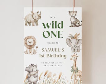 Wild een feestvarken welkomstbord sjabloon, bewerkbaar safari verjaardag welkomstbord, jungle dieren verjaardag bord afdrukbaar decor, BIWILD