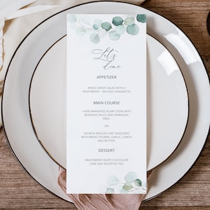 ATENAS - Menú de boda verde, tarjeta de lugar del menú de mesa de hoja verde, tarjeta de menú de cena, plantilla de menú de eucalipto, imprimible editable