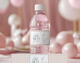 Etiqueta para botella de agua de cumpleaños de Silly Goose, botella de agua para fiesta de Silly Goose, plantilla de decoración para fiesta de primer cumpleaños de Goose, primer cumpleaños de niña