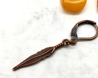 Copper feather dangle, Feather earring, Earring for men, Symbol earring, Earring feather, Talisman men, Amulet earring, Unisex earrings