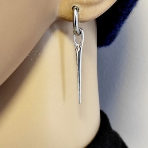 One needle earring, Dark fashion, Stick hoop, Sewing needle hoop, Silver needle, Quirky jewelry, Spike hoop, Needle dangle, For him