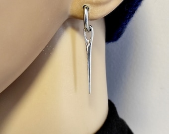Antique Silver Needle Dangle Hoop Earring, Quirky Jewelry