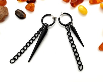 Black Spike Dangle Clip-on Earring, Goth Non Pierced Ear