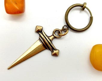 Oxidized Brass Sword Clip-On Earring, Goth Dagger, Non Pierced