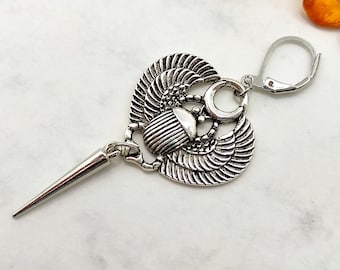 Orecchini a forma di scarabeo in argento antico con punta in acrilico, gioielli tribali egiziani