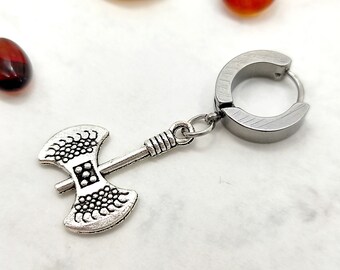 Antik Silver Viking Axe Hoop Örhänge, Rostfritt Stål