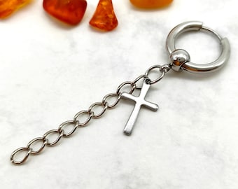 Stainless Steel Cross Dangle Hoop Earring