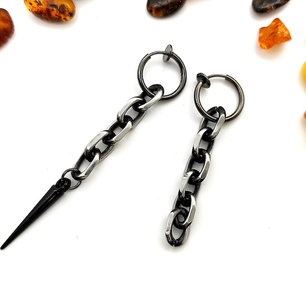 Stainless steel clip-on, stainless steel earring, Chain clip-on, Spike earring, Masculine clip-on, Non pierced, Men clip-on, steel clip-on