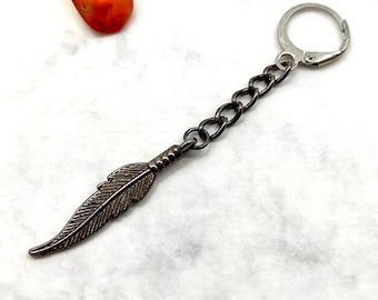 One feather earring, Gunmetal dangle men, Feather dangle, Earring feather, Unisex earring gray dangle men Long earring For men Symbol dangle